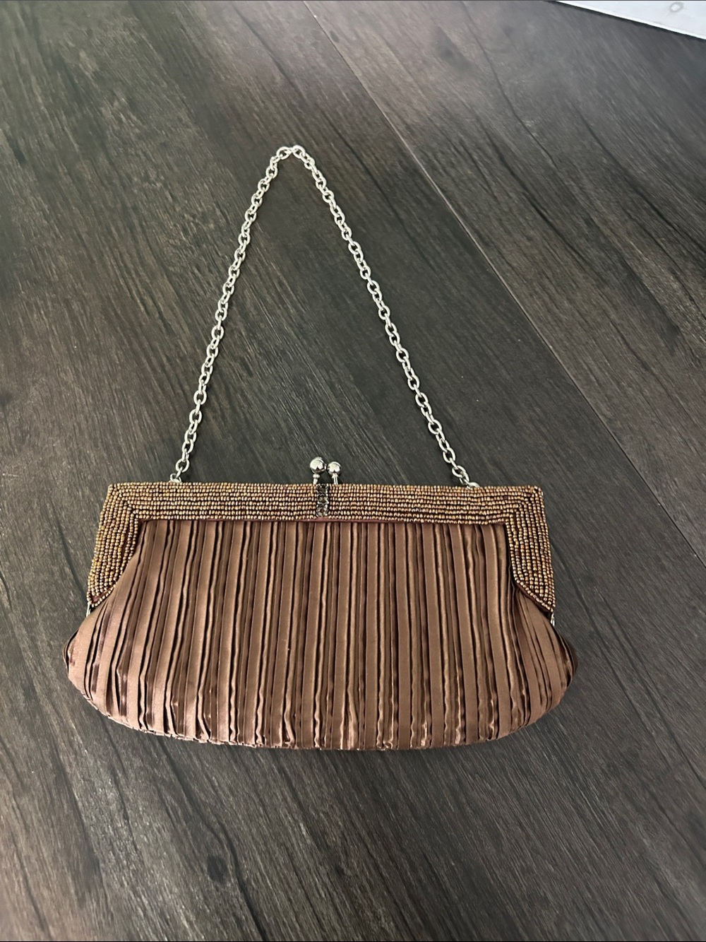 Bronze Pleated Evening Clutch with Beaded Frame